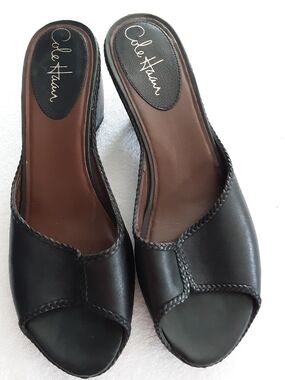 Cole Haan Black Leather Braided-Trim Open-Toe Mule
